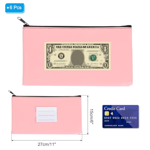 PATIKIL 11x6" Money Bank Deposit Bag with Zipper, 6 Pcs Leatherette Coin Check Wallet Pen Pouch Bag with Clear Window for Office Travel, Pink2