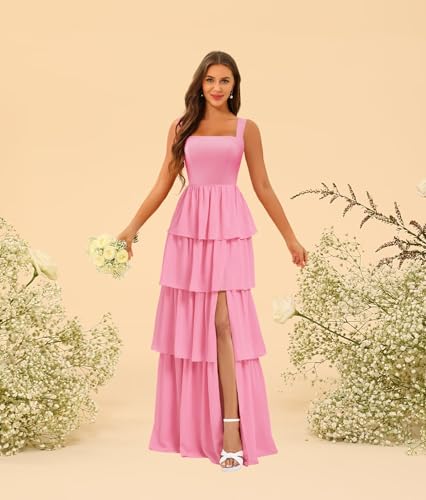 Square Neck Spaghetti Strap Tiered Bridesmaid Dresse Long for Women Sleeveless Formal Dresses with Slit DI2464