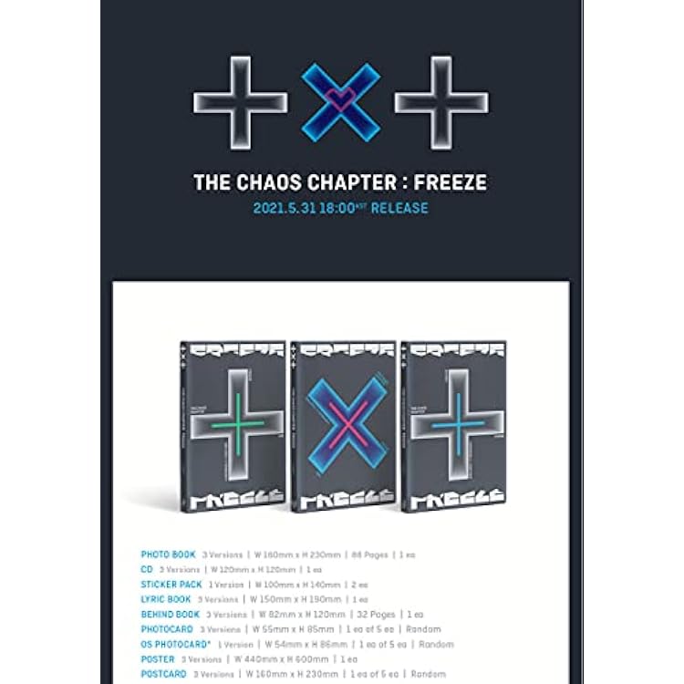 TXT Tomorrow X Together The Chaos Chapter : Freeze Album (Boy Version) CD+Poster+Photobook+Sticker Pack+Lyric Book+Behind Book+Photocard+OS Photocard+Postcard+(Extra 4 Photocards)
