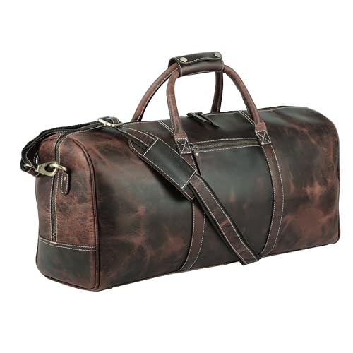 Image of KomalC 24 Inch Leather Duffle Bags for Men and Women Travel Overnight Weekend Bag Sports Gym Duffel for Men (Hunter Distressed Brown)