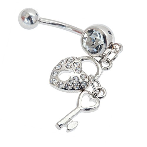 VAGA Belly Button Rings Women Body Jewelry Piercing Silver Colored 316F stainless steel 14 Gauge Belly Barbell With Clear Crystal Heart Shaped Lock And Key Pendants/Dangles/Charms Decorations