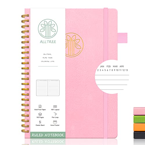 Lined Spiral Journal Notebook, Hardcover Spiral Journal For Writing, Medium A5-6 Inches X 8.5 Inches, Alltree Twin Wire Spiral Bound Notebook With Date & Month Recording, Pen Loop, Pocket, Stickers, 160 Pages, Pink #TOP4