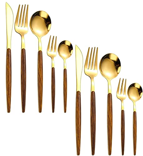 Image of Gold Flatware Matte Wooden Handle Stainless Steel Tableware Sets for 2 Including Forks Spoons Knives, Camping Silverware Travel Utensils Set Cutlery(Gold, Set of 10)