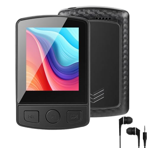 Reproductor MP3 Bluetooth 5.2 – 1,8 pulgadas TFT pantalla a color con clip Sport 32 GB MP3 – Reproductor de radio FM, altavoz con auriculares, ampliable hasta 128 GB tarjeta SD para niños y adultos