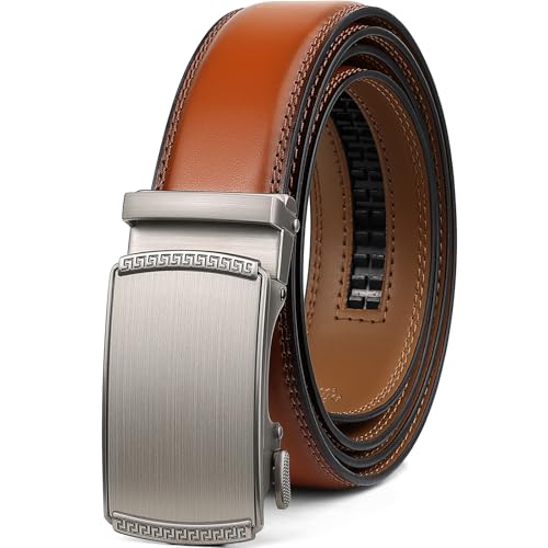 Image of Drowsmen Leather ratchet belt 1 3 /8 inch with Click Sliding Automatic Buckle, Adjustable belt Trim to Fit
