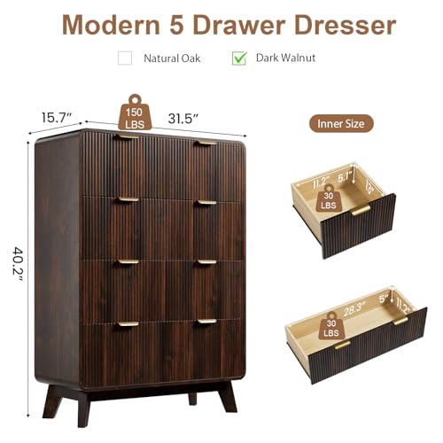 Image of QUW Fluted 5 Drawers Dresser for Bedroom, Modern 40.2 inch Tall Drawer Dressers with Metal Handle, Wooden Chest of Dresser for Living Room, Hallway, Solid Wood Legs, Curved Profile Design, Dark Walnut