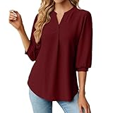 Q-688 Burgundy Wine Brunch T Shirts for Women Fall Summer Cuff 3/4 Puffy Sleeve V Neck Loose Fit Long Swiss Dot Keyhole Pleated Plain Tops T shirt Teen Girls 2024 Clothing Fashion S