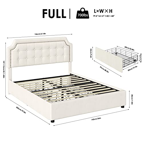Keyluv Full Bed Frame With 4 Drawers, Velvet Upholstered Platform Storage Bed With Curved Button Tufted Headboard With Nailhead Trim, Solid Wooden Slats Support, No Box Spring Needed, Beige #TOP1