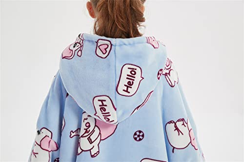 Botoutin Wearable Blanket Hoodie For Kids, Oversized Reversible Warm And Cozy Blanket Sherpa Flannel With Hood Front Deep Pocket And Sleeves For Kids Teens (Pink Elephant On Blue Elephant) #TOP5