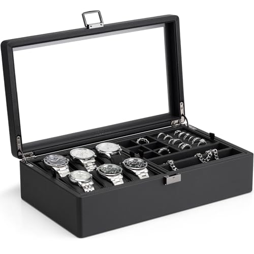 Vlando 時計ケース 6本 PU製 メンズ 収納ボックス アクセサリーケース アクセサリー収納 ジュエリー 2段 誕生日プレゼント