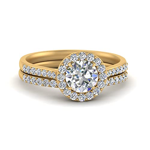 Image of Choose Your Gemstone Round Halo Ring with Matching Pave Band Yellow Gold Plated Round Shape Wedding Ring Sets Everyday Jewelry Wedding Jewelry Handmade Gifts for Wife US Size 4 to 12