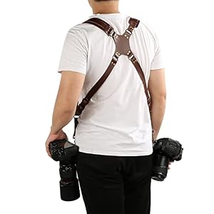 Double Camera Strap,Camera Shoulder Strap for Two Cameras,Adjustable Leather Double Camera Harness Brown