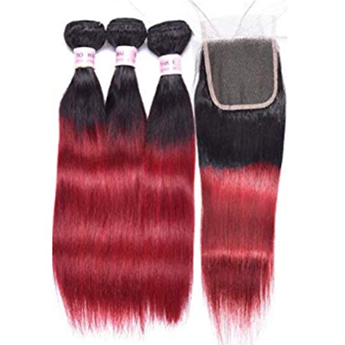 Aigemei Brazilian Ombre Burgundy Hair Extensions Black to Red Straight Hair 3 bundles with Lace'' Closure Natural Virgin Remy Hair Extension(10''10''+12''+10''Closure,#1B/Burgundy)