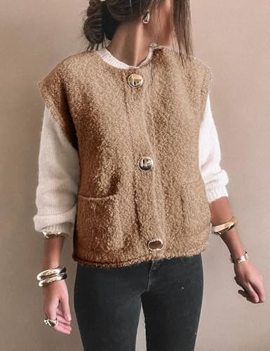 Yimoon Women Fleece Sweater Vest Cropped Button Down Sleeveless Knit Gilet Fashion Winter Outerwear with Pockets XS-L4
