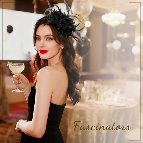 Image of DRESHOW Womens Fascinators Hats Tea Party Hats for Women Pearl Lace Feather Hat Vintage Derby Hats for Wedding Cocktail
