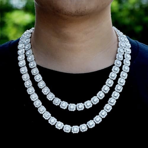 12mm Tennis Chain for Men Women Necklace White Gold Plated Clustered Iced Out Cuban Link Choker, 5A+ CZ Diamond Hip Hop Jewelry Birthday Christmas Wedding Gift (with Box & Pouch)3
