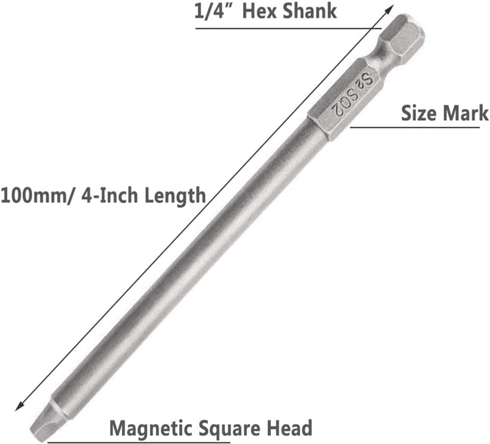6Pcs 1/4 Inch Shank Long Magnetic Square Head Screwdriver Bits Set Power Tools SQ1 SQ2 SQ3 (100mm)