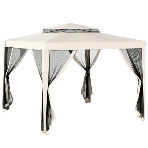 Outsunny Carpa de Jardín 3x3 m Cenador Desmontable de Exterior Gazebo con 4 Mosquiteras Laterales Techo Doble y Marco Metálico Anti-UV Impermeable Pabellón para Terraza Patio Crema