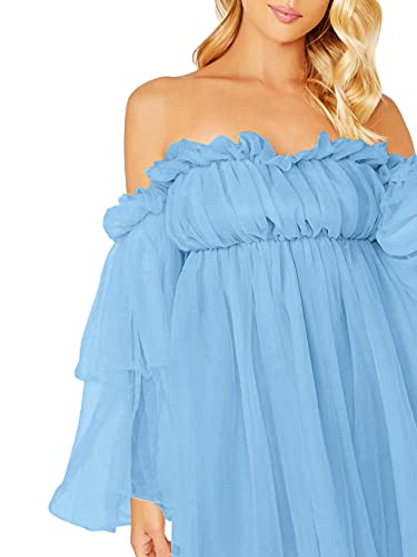 Romwe Women's Romantic Off Shoulder Flounce Long Sleeve Wedding Ruffle Mesh Party Mini Dress Blue Color L #TOP2