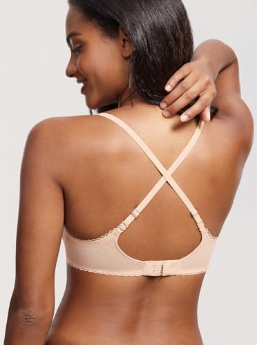 Image of DOBREVA Women's Sheer Mesh Demi Bra Underwire Balconette | Dotted Mesh, Lace Trim, See Through, Plus Size, Smooth, Soft
