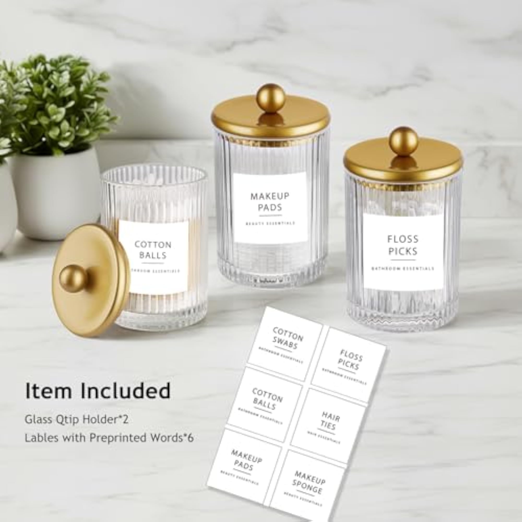 2 Pack Qtip Holder, Glass Apothecary Jars (Gold)