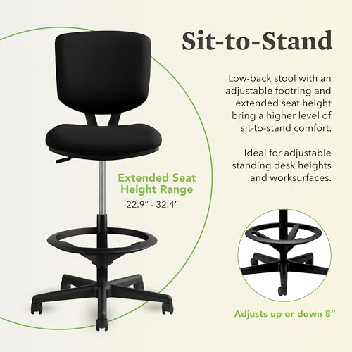 Image of HON Volt Standing Desk Chair with Bonded Leather Seat and Back, Armless Ergonomic Task Stool with Adjustable Footring and Center‑Tilt Recline for Sit‑Stand Workstations, Black