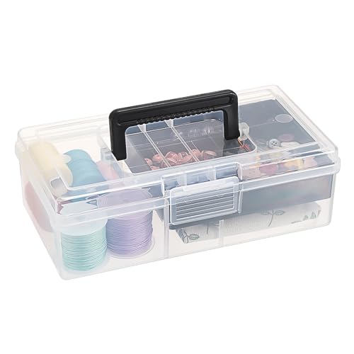 Image of BTSKY Clear Plastic Storage Box with Removable Tray Multipurpose Stationery Storage Box with Handle Handy Sewing Box Art Craft Supply Organizer Home Utility Box (Light Black)