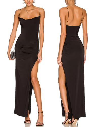 Image of Aigeman Women Spaghetti Straps Cowl Neck Maxi Dress Bodycon Formal Dresses Ruched High Slit Cocktail Party Dress 60