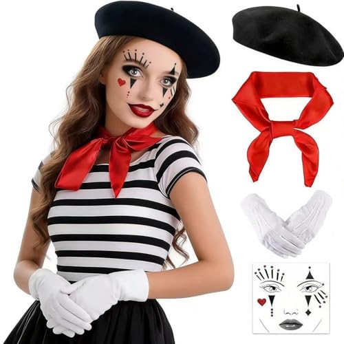 GLEEMEN Pantomime Disfraz de payaso para hombre y mujer, boina negra, paños rojos, guantes blancos, tatuaje facial, disfraz de circo para Halloween, carnaval, fiesta