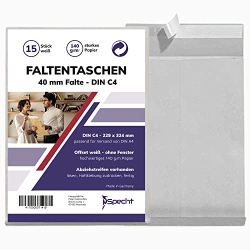 15 Faltentasche Versandtasche C4 Bodenfalte 40mm in Weiß ohne Fenster, mit Haftklebung und Abdeckstreifen, 229 x 324 x 40 mm, Premium Qualität, 140g/qm Papier, mit Falte, Faltenversandtasche Cover