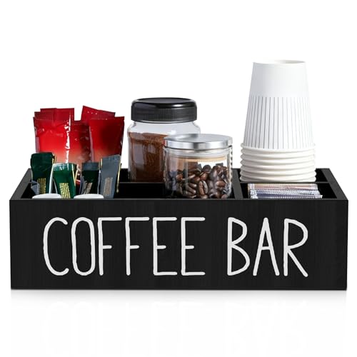 VAVPUP Kaffee Spender Organizer Veranstalter mit 4 Abnehmbar Fächer Dekorative Aufbewahrungsbox aus Holz für Kaffeebars Aufbewahrung von Zubehör für Zuhause Büro und Restaurant(schwarz 1pcs)