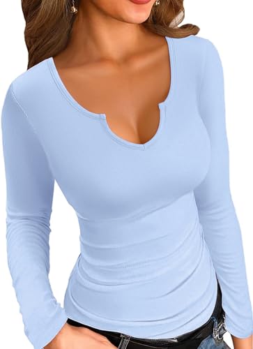 ELFIN Damen Langarmshirt Slim Fit Basic T-Shirt Langarm Oberteile Elegant Stretch Pullover Sexy V Ausschnitt Ribbed Tops Tee Shirts (M, Himmelblau)