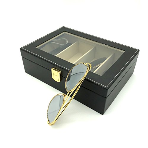 UnionPlus Travel 4-Slot Eyeglass Sunglass Glasses Organizer Collector - Faux Leather Storage Case Box (Black - 4 Slots)