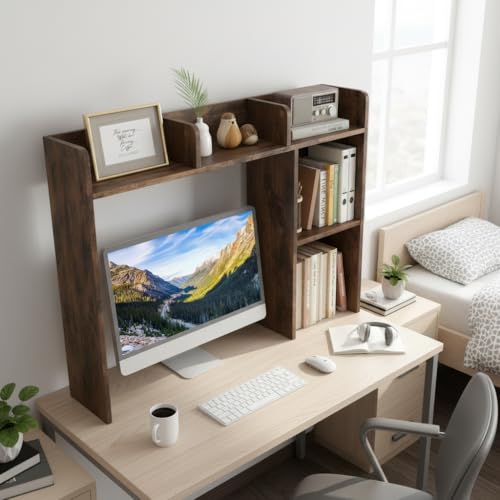 Image of Tangkula Desktop Bookshelf, Countertop Storage Hutch with 5 Shelves for Computer Desk, 3-Tier Display Rack, Multipurpose Wood Desktop Hutch Storage Organizer for Dorm Office, Brown