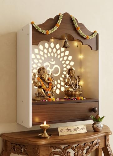 Image of Crosscut Wooden wall Hanging mandir, Temple for Home and Office Pooja (Dual Arch Design)
