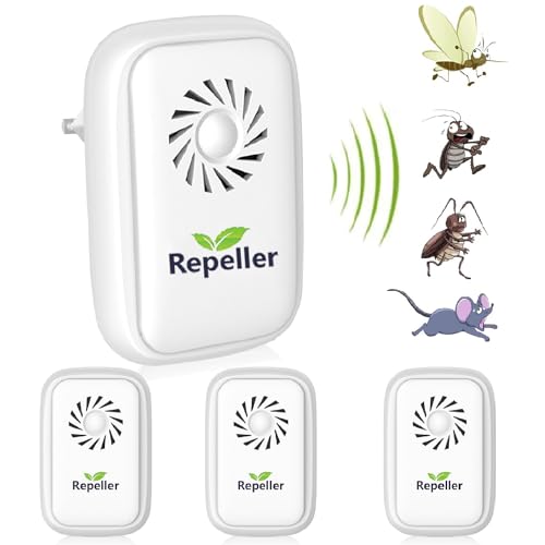Repelente Ultrasónico de Plagas,Electrónico Repelente Mosquitos Insectos para Interiores Anti Cucarachas, Moscas,Mosquitos,Ratones,Arañas,100% Inofensivo para Mascotas y Humanos(4 Paquetes)