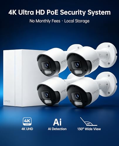 Image of 4K PoE Security Camera System, 8MP Outdoor with 4 Cameras, No Monthly Fees, Works Even Without Internet, AI Detection, Color Night Vision, IP67, 8CH NVR, 64GB Storage