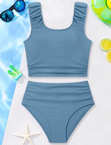 Image of Girls Tankini Swimsuit 2 Piece Bathing Suit Twist Cross Back Cutout Swim Tank Top Floral Print Swimwear for 7-18Y