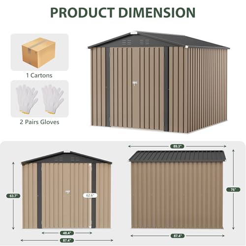 Image of JUMMICO 8x8 FT Outdoor Storage Shed, Tool Metal Sheds, Brown | Lockable Door, Sloping Roof, Waterproof Utility Garden Shed for Backyard Patio Lawn, 7.5x7.5 FT