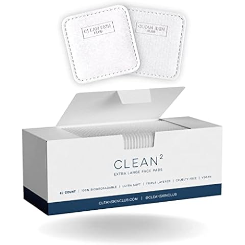 Clean Skin Club Clean² Extra Large Face Pads, Guaranteed Not to Shed & Tear, Unique Triple Layers, Textured Side & Ultra Soft Side, Vegan Organic Disposable Cotton, Used with Makeup Remover, 60CT XL Cover