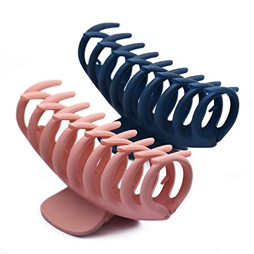 Big Hair Claw Clips, Trendy Matte Plastic Large Hair Clips for Women, Cute Acrylic Long Banana Jaw Clips for Thick Hair, Girls Hair Styling Accessories with Hair Ties (Pink, Navy Blue)