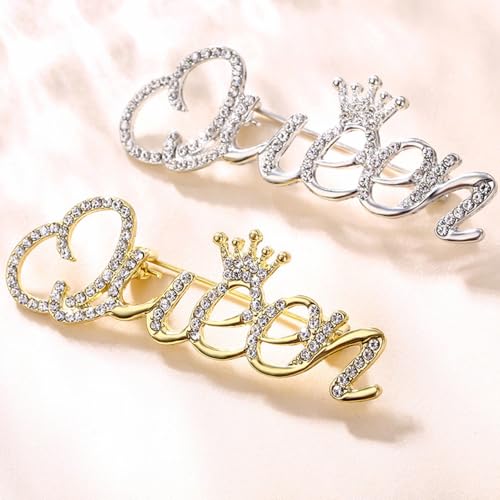 Image of Rhinestone Crown Queen Brooch Pin,Gold Silver Crystal Letters Queen Suit Lapel Pin Queen Badge Pin Jewelry for Women Girls Gifts