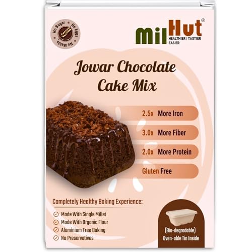 MilHut Jowar Chocolate Cake Mix 350g | Sorghum Millet Cake Premix | Eggless Instant Cake Mix | Jaggery & Dates Sweetened | No - Maida, Sugar | Just Add Water | Baking Tin Included | Makes 500g Cake