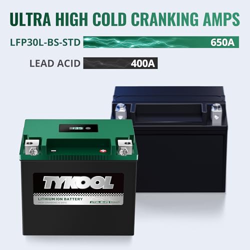 Image of TYKOOL LFP30L-BS-STD Lithium Battery, Replaces YTX30L-BS, 650CCA 12Ah Fits for Motorcycle UTV ATV PWC, Compatible with Harley Touring Road King Moto Guzzi 1000cc Polaris Ranger RZR 800,Digital Readout