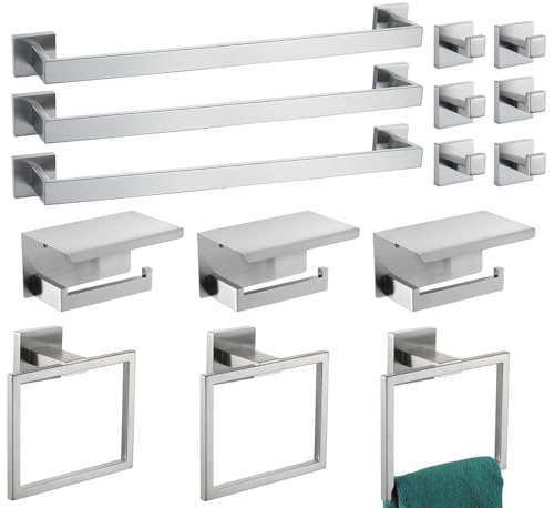 Bathroom Hardware Set 15 Piece Brush Nickel Bathroom Accessories Set SUS304 Towel Bar Set Includes 3 Towel Bar 24 Inch+3 Towel Holder+3 Toilet Paper Holder+6 Towel Hooks (15, Brushed Nickel)