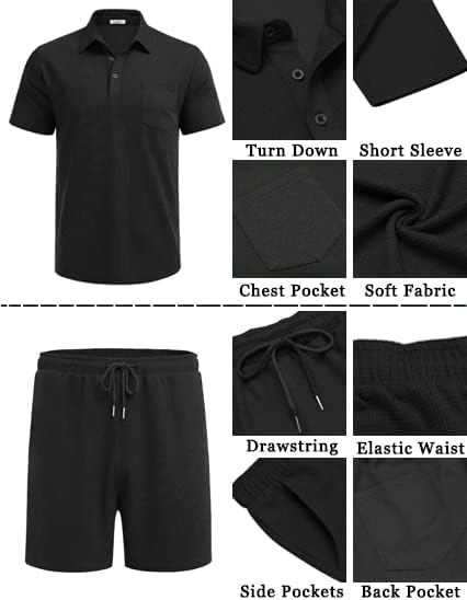 COOFANDY Men's Waffle Knit Polo Shirt and Shorts Set 2 Pieces Outfits Summer Suit Casual Tracksuit with Pockets - Image 5