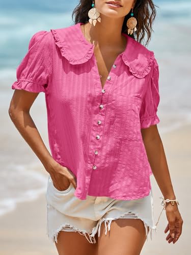 Image of Tankaneo Womens Puff Sleeve Shirts Peter Pan Collar Button Down Cotton Blouse Casual Summer Textured Tops