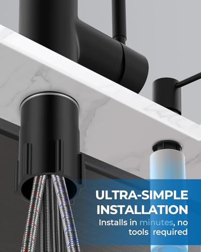 Image of WEWE Kitchen Faucet with Soap Dispenser and Pull Down Sprayer, RV Single Handle Classic 3 Modes Stainless Steel Faucet for Kitchen Sink, RV, Matte Black