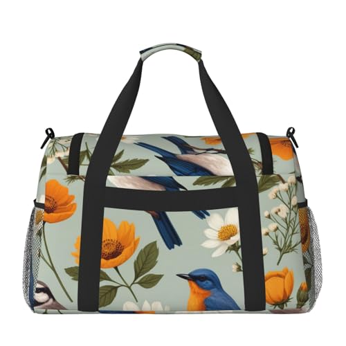 Garden Blossoming Wildflowers Birds Leaves Branches Print Travel Duffle Bag - Foldable Personal Item Travel Bag for Women & Men,13x10.2x19.72