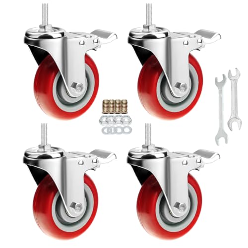 Stem Caster Wheels Heavy Duty Casters PU M8-1.25x1 inch (Stem Diameter 8mm, Stem Length:1 inch) Casters with Brake Dual Locking for Home, Office, Industry use (4 Inch, with Brake-Red) by YEWEKE - Used condition - US$22.64